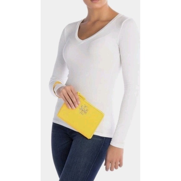 NEW Tory Burch Patent Wristle Leather Britten Large Zip Pouch Yellow Chartreuse